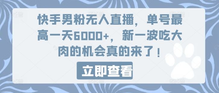 快手男粉无人直播，单号最高一天6000+，新一波吃大肉的机会真的来了-古龙岛网创